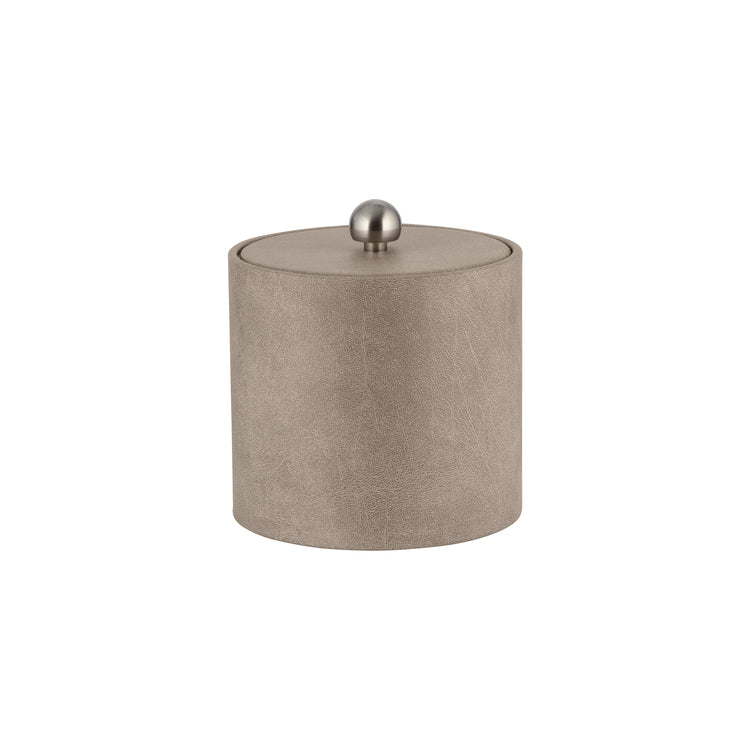 Taupe | Core 2qt Leatherette Ice Bucket with a matching material cover and brushed stainless Astro knob, offering a refined touch to hotel guest rooms.