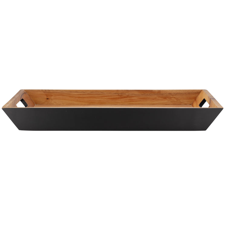 Acacia | Taniya Nayak Rectangular tray with wooden top and black base on a white background