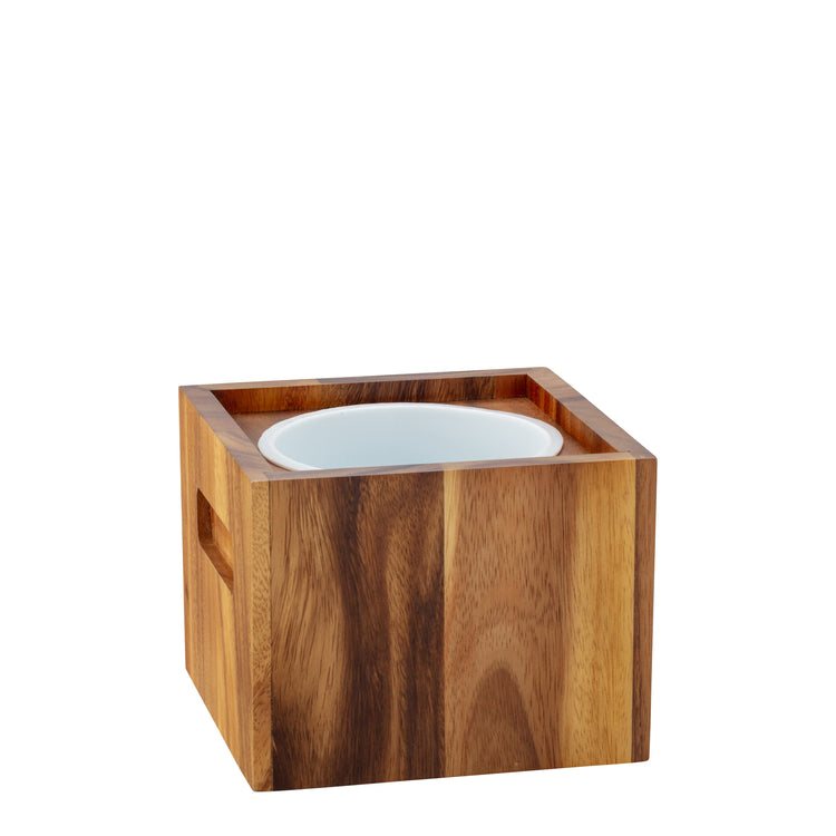 Acacia | wood ice bucket with the liner inserted inside with no cover.