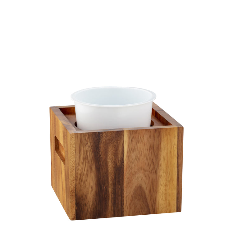 Acacia | Wood ice bucket with the removable liner propped up to see it.