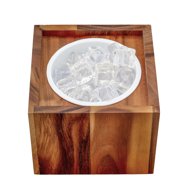 Acacia | Wood ice bucket detail view of the liner filled with ice cubes.