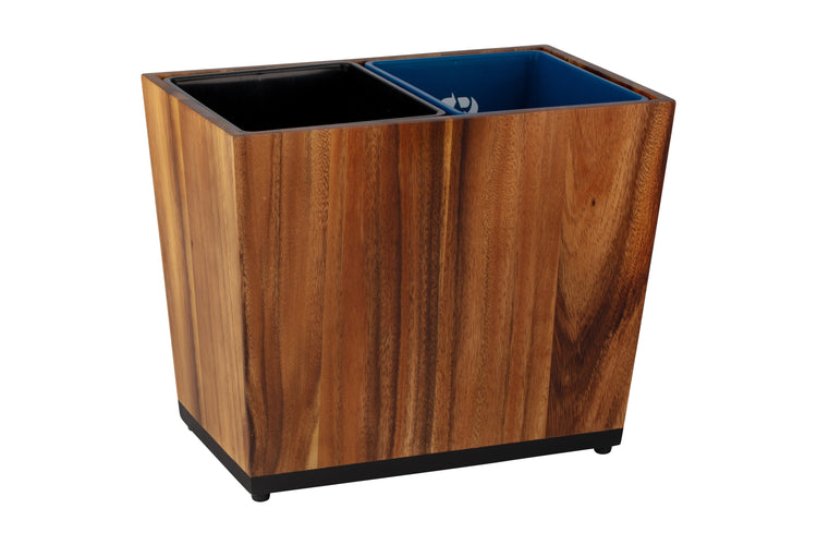 Acacia | Wooden trash bin with black and blue interior compartments on a white background