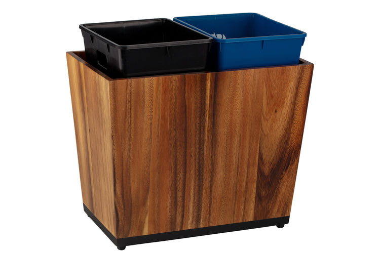 Acacia | Wooden trash bin with black and blue recycle liners on a white background