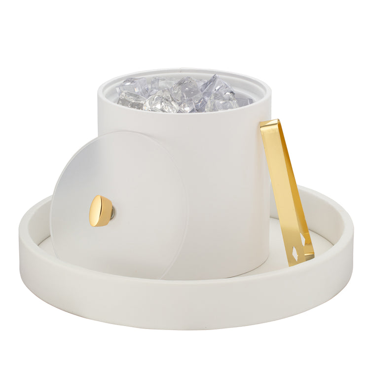 White | Arc white 3qt ice bucket with cover off to see ice cubes filled and sitting inside a 14" round tray.