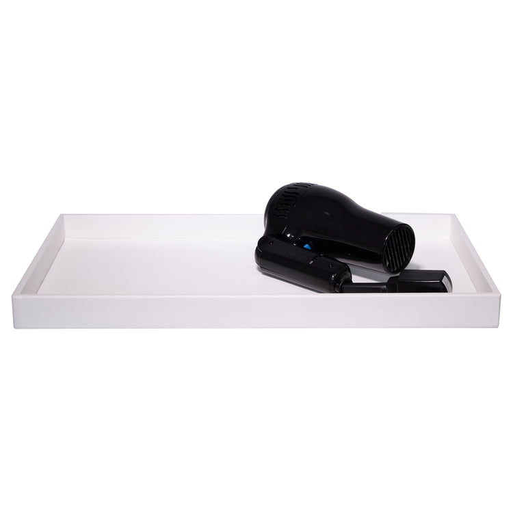 White | Leatherette hair dryer tray on a white background, designed for hotel guest use.