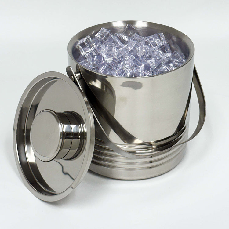 Polished Stainless Steel | Linea 1.5qt ice bucket with the cover off to see the ice cubes.