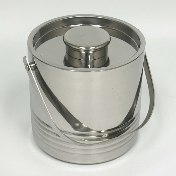 Polished Stainless Steel | Ribbed bottom Linea 1.5qt ice bucket with handle and cover securely on.