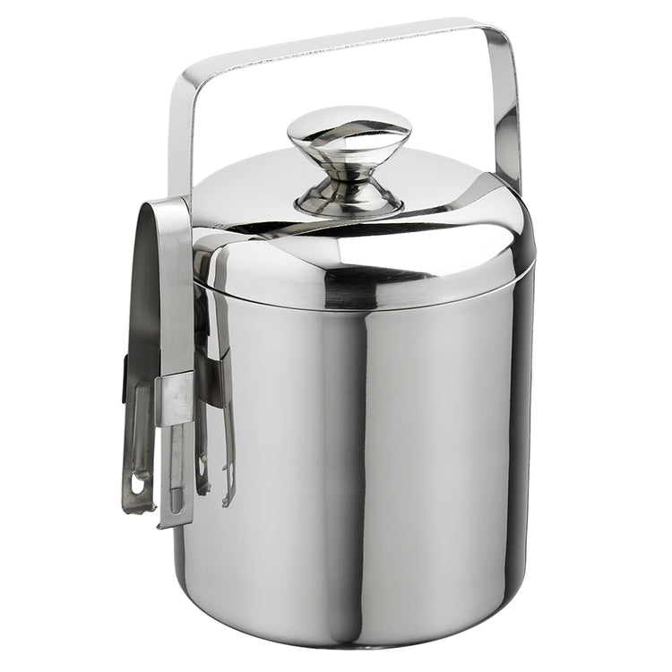 Polished Stainless Steel | 1.5Qt Ice Bucket with clip-on tongs displayed on a white background.
