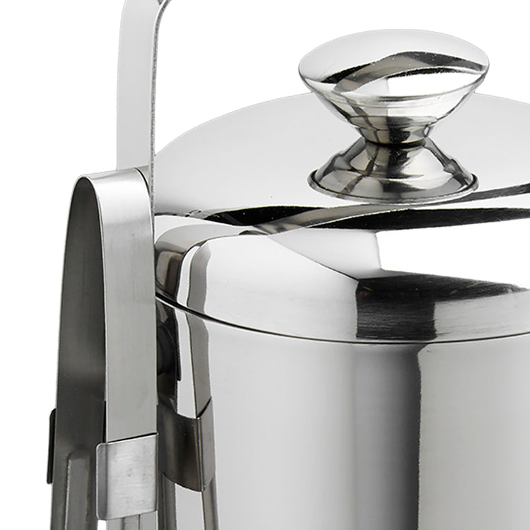 Polished Stainless Steel | Close up view of the 1.5QT ice bucket with tongs securely attached to the side.