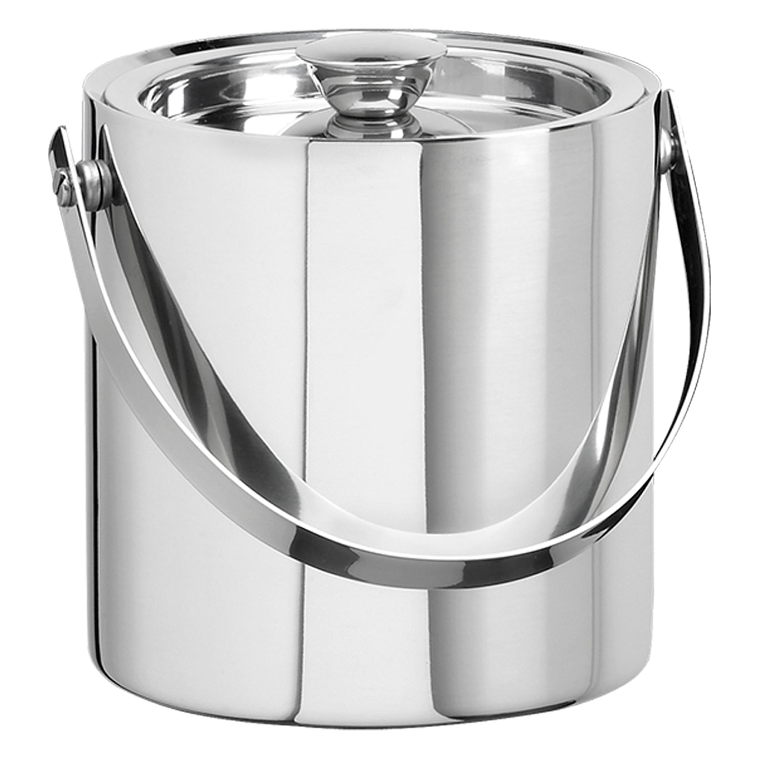 Polished Stainless Steel | Front view of the Linea 1.5QT ice bucket with handle shown on a white background.