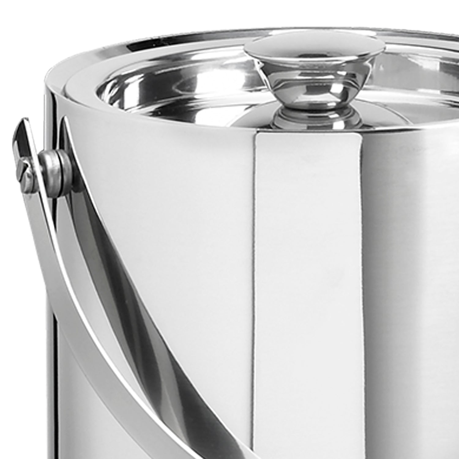 Polished Stainless Steel | detail view of the Linea 1.5QT ice bucket highlighting sleek stainless steel and handle.