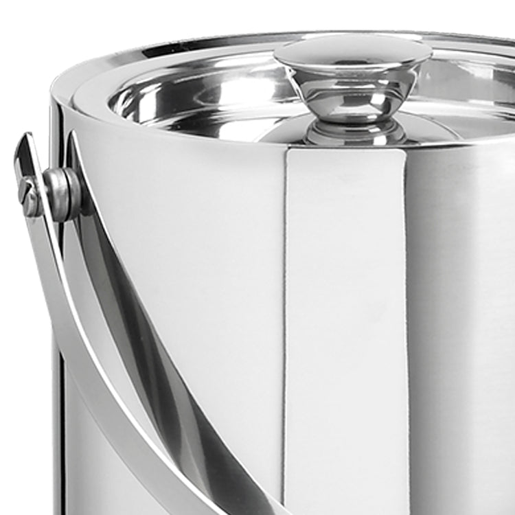Polished Stainless Steel | detail view of the Linea 1.5QT ice bucket highlighting sleek stainless steel and handle.