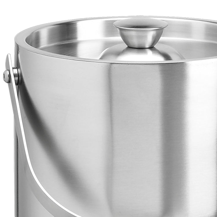 Brushed Stainless Steel | Linea 3QT Ice Bucket with handle shown in a stainless-steel finish, photograph against a white background.