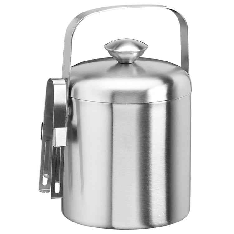 Bushed Stainless Steel | Angled view of the ice bucket highlighting the brushed finish and attached tongs.