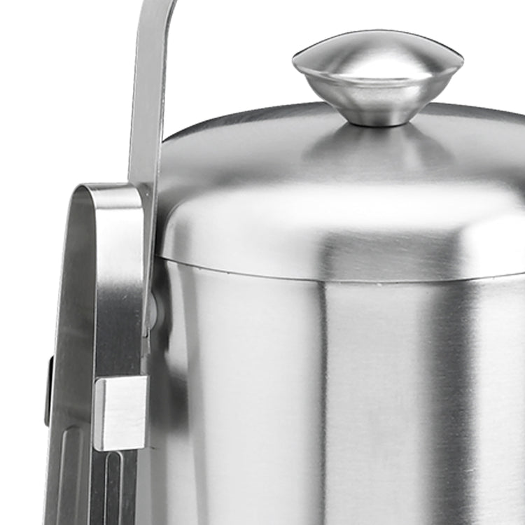 Brushed Stainless Steel | Detail view of the 1.5QT ice bucket with cover and clip-on tongs shown on a clean white surface.