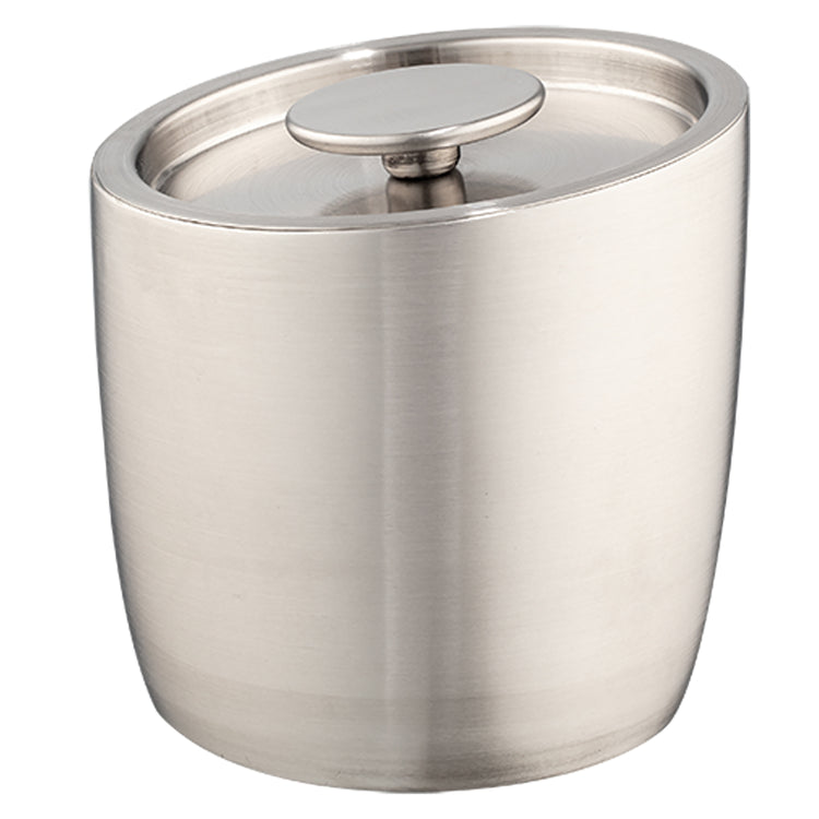 Brushed Stainless Steel | Side profile view of the slant 1.6QT Ice Bucket highlighting the smooth cover and disk knob.