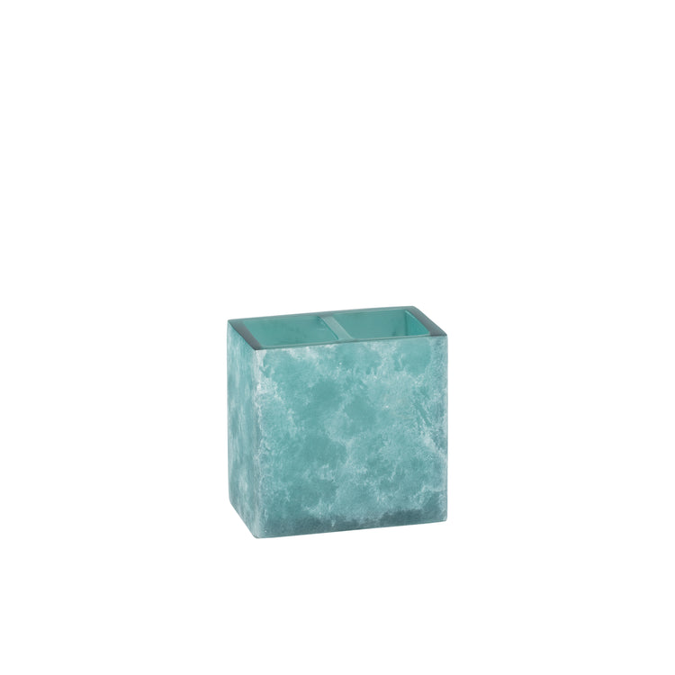 Turquoise | A square resin toothbrush holder with a brushed aqua and teal pattern, shown on a plain white background.