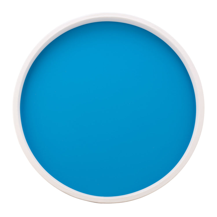Process blue with white | Bright Rainbow 14" Round Serving Tray accented with a white rim, perfect for adding a pop of color to your table.