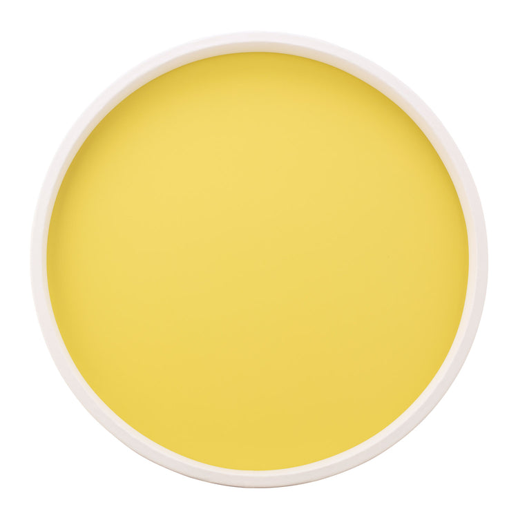 Lemon with white | Whimsical Rainbow 14" Round Serving Tray with a white edge, designed for serving treats at parties and events.