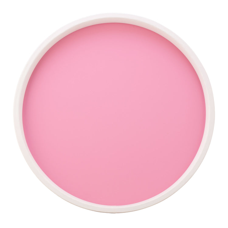 Pink with White | Lively Rainbow 14" Round Serving Tray featuring a sleek white rim, perfect for summer picnics and outdoor dining.