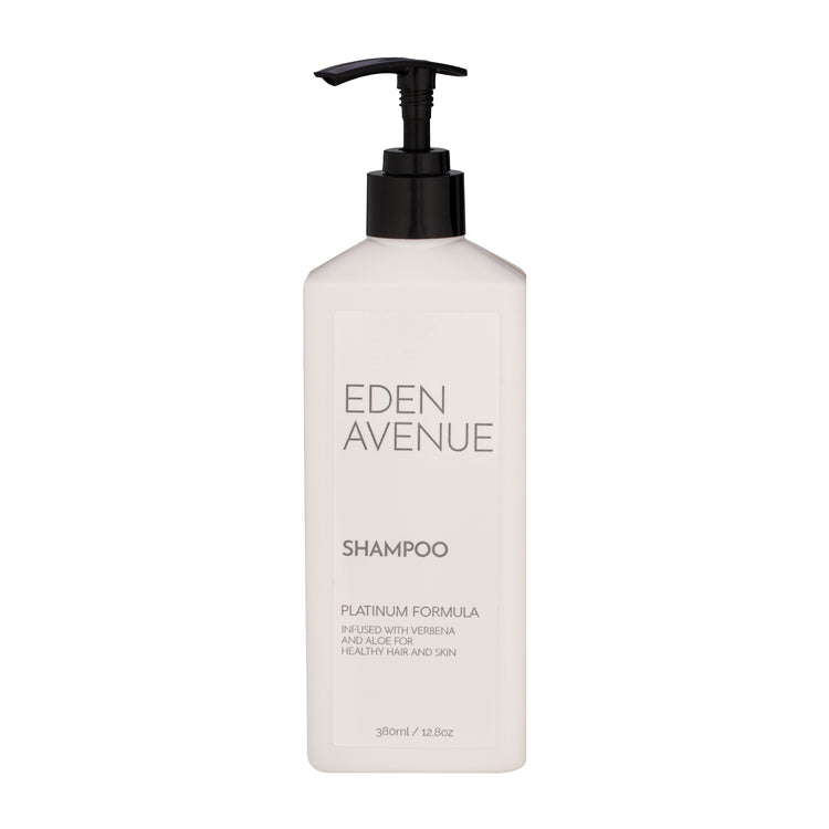 White | Eden Avenue Platinum Shampoo pump bottle fragrance is verbena and aloe for refreshing feeling.