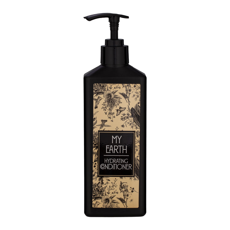 Black | My Earth hydrating conditioner pump bottle on a white background.