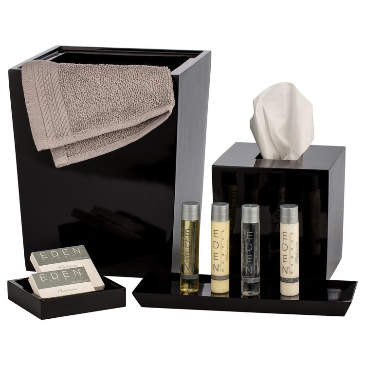 Black | The collection includes a soap dish, amenity tray, tissue box cover, and wastebasket, designed to elevate hotel bathroom spaces with a bold and modern aesthetic.