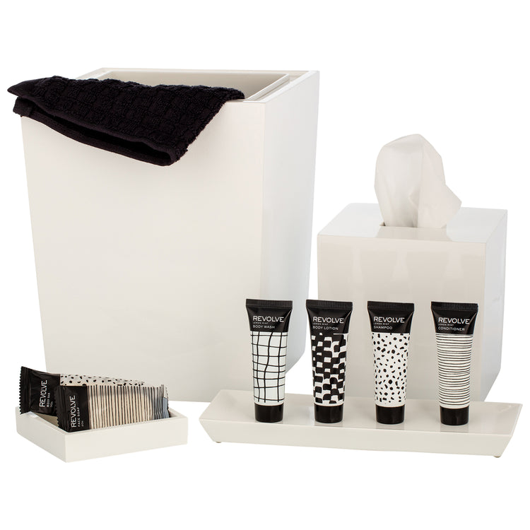 White | Sophisticated Brilliance Bath Accessories set designed to bring a clean, modern, and elegant touch to luxury hotels.