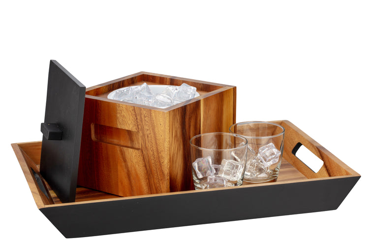 Acacia | Wooden ice cube tray with glasses of ice on a black tray