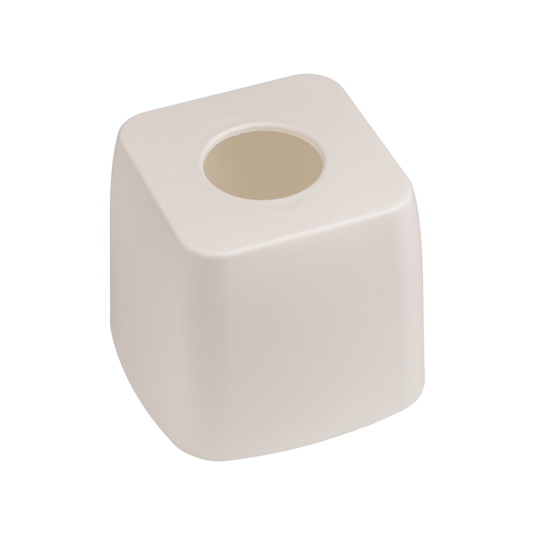 White | square-shaped tissue box holder with a circular indentation on a white background