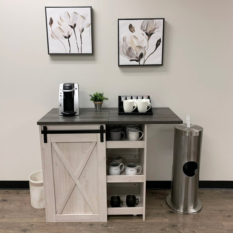 Brushed Stainless Steel | sanitizing wipe station next to a coffee service bar.