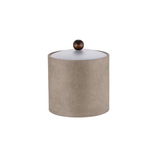 Taupe | Core 2qt Leatherette Ice Bucket with an acrylic cover and brown wood ball knob, perfect for hospitality and guestroom use.