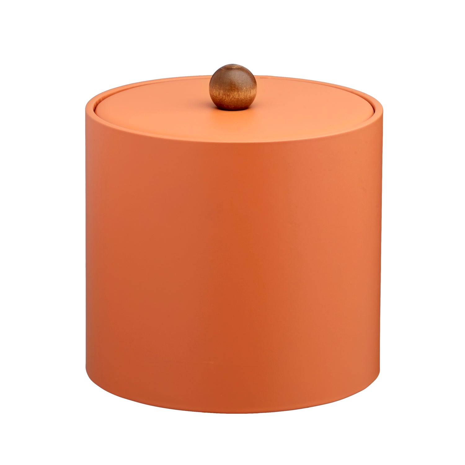 Spice Orange | Sophisticated 2qt leatherette ice bucket from the Core collection, with a material cover and brown wood ball knob for a modern touch.
