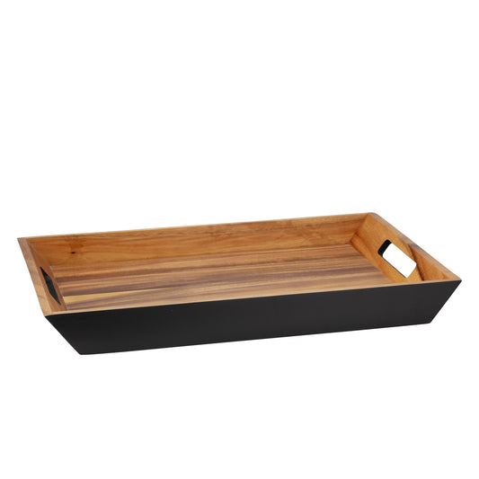 Acacia | Taniya Nayak Design Wooden tray with black base on a white background