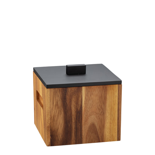 Acacia | Wood 2QT square ice bucket with the black cover on.