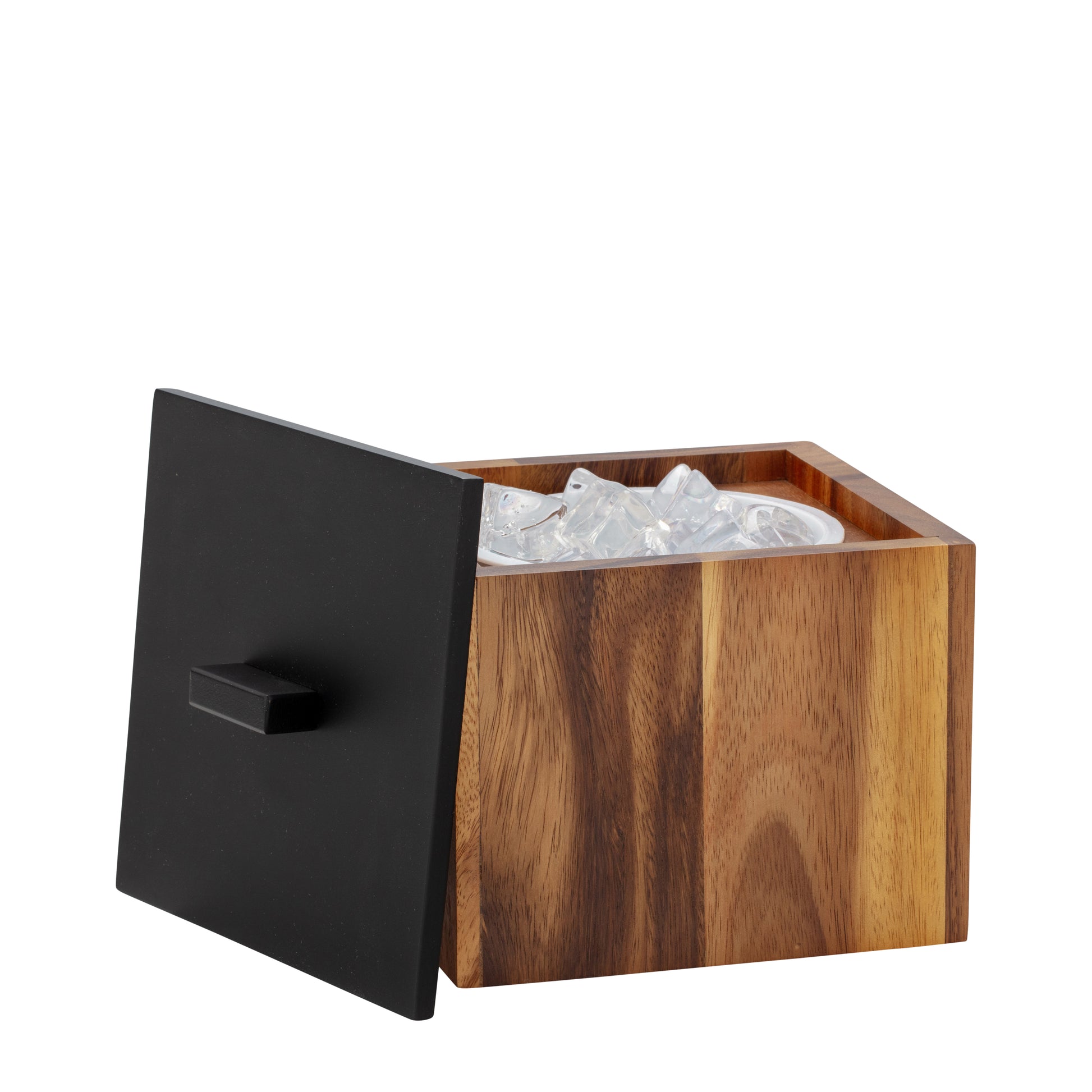 Acacia | Wood ice bucket with the cover off and filled with ice cubes. 