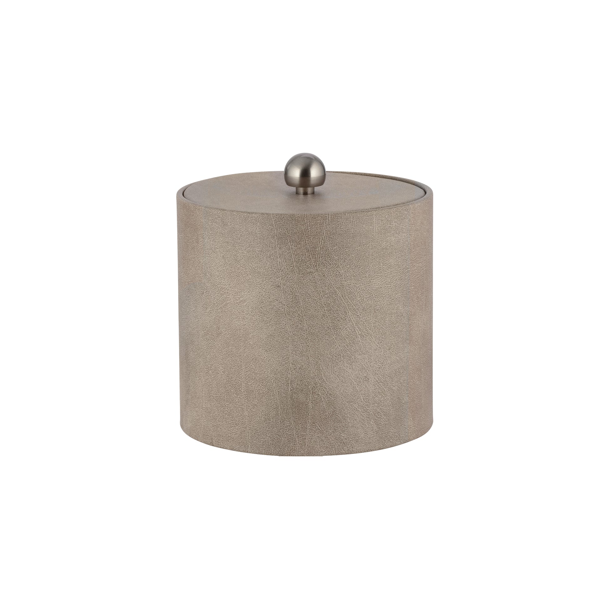 Taupe | Core 3qt Leatherette Ice Bucket with a matching material cover and brushed stainless Astro knob, designed for stylish and functional hotel guest rooms.