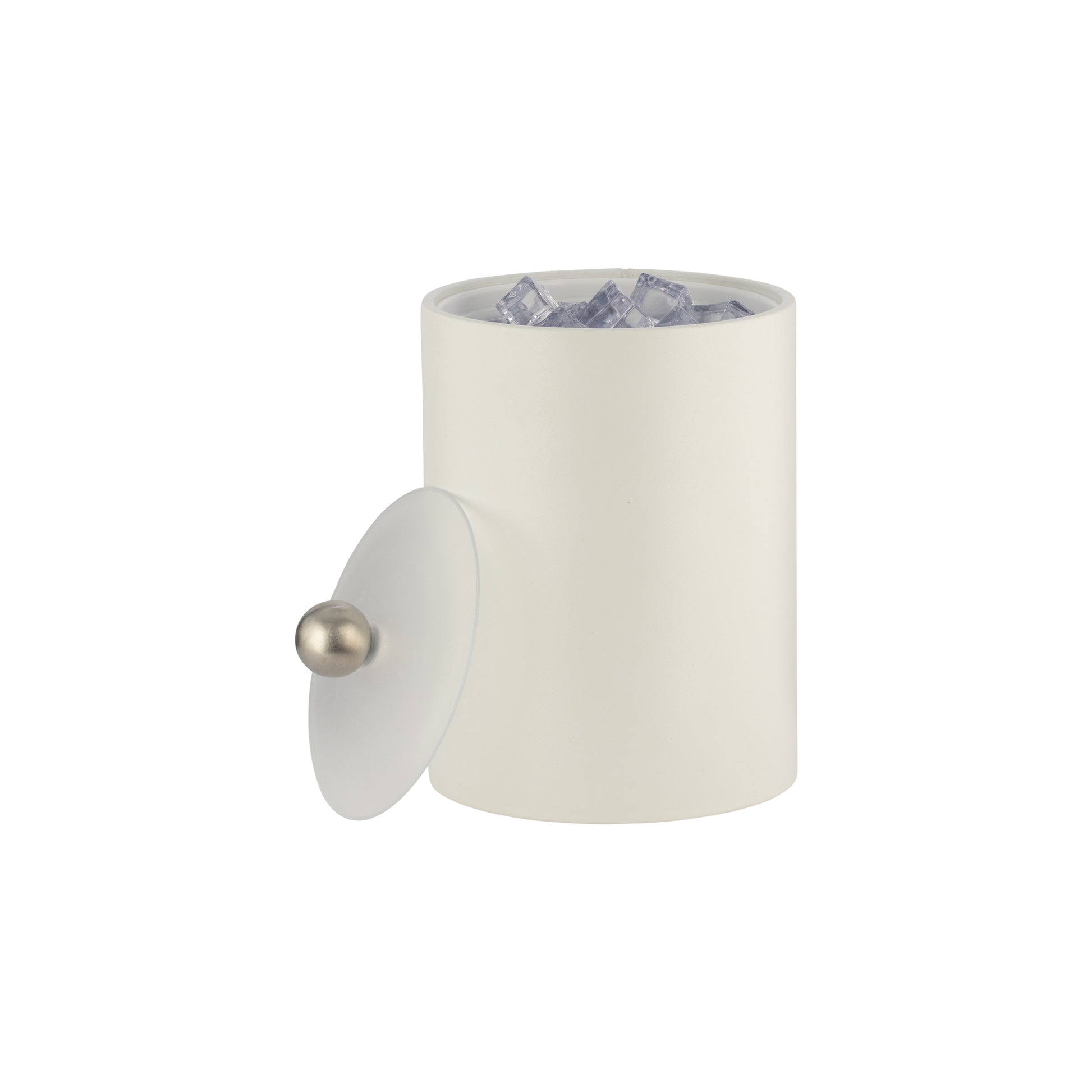 French White | Core Tall Leatherette Ice Bucket with acrylic cover and brushed stainless Astro knob, offering a sleek and modern design for guestroom use.