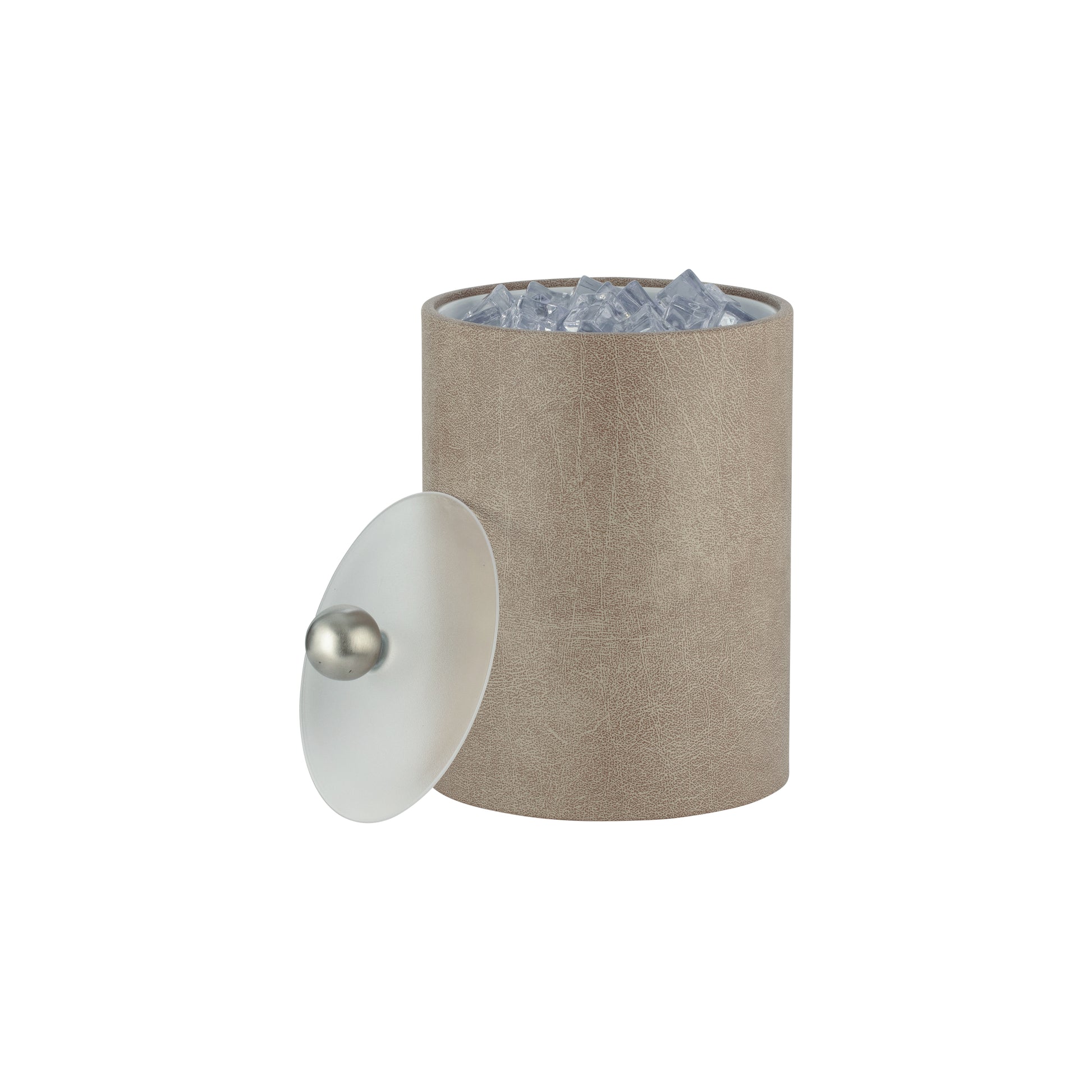 Taupe | Sophisticated Core Tall Leatherette Ice Bucket with acrylic cover and brushed stainless Astro knob, ideal for modern guestroom decor.