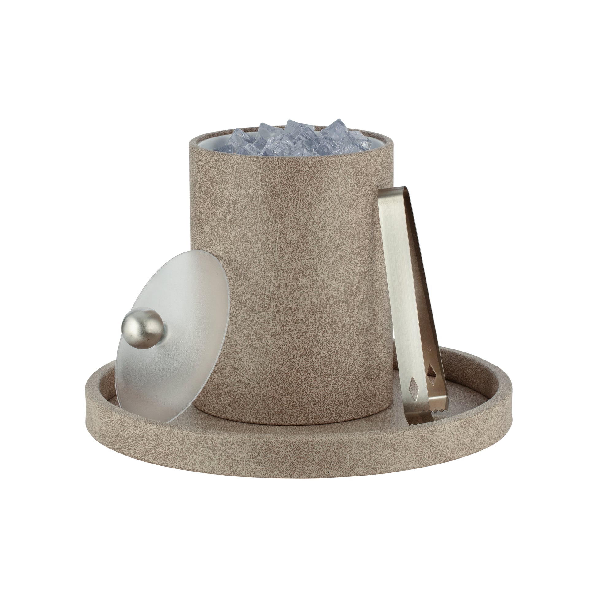 Taupe | Core Tall Leatherette Ice Bucket with acrylic cover and brushed stainless Astro knob, crafted for high-end guestroom experiences.