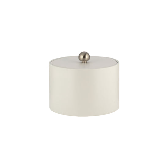 French White | Core Mesa Leatherette Ice Bucket with a matching material cover and brushed stainless ball knob, designed for stylish and functional hotel guest rooms.