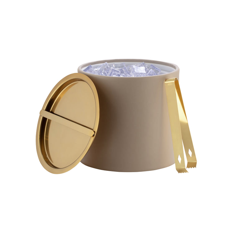 Taupe | 3qt ice bucket with the cover off and with polished gold ice tongs.