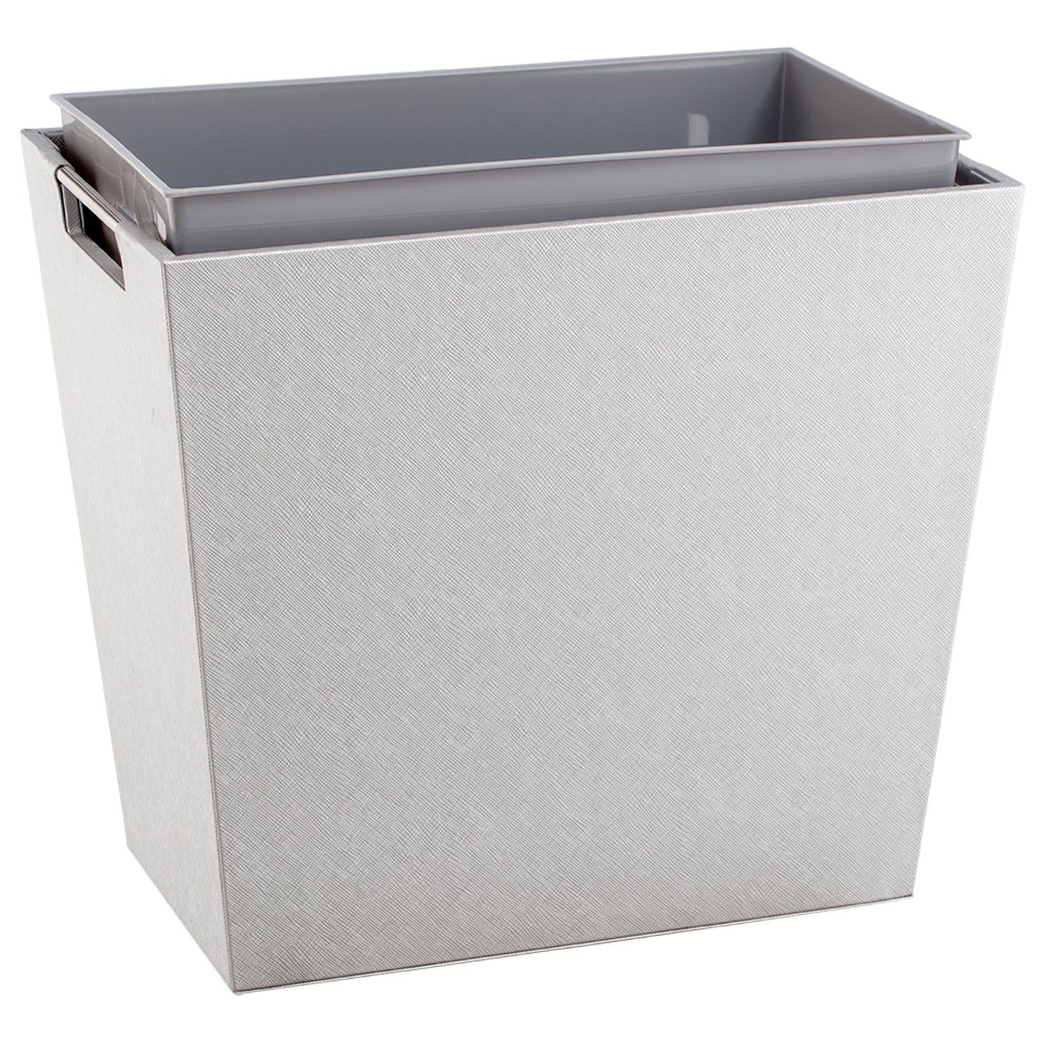 Silver Lining | Silver wastebasket with twill texture on a white background.