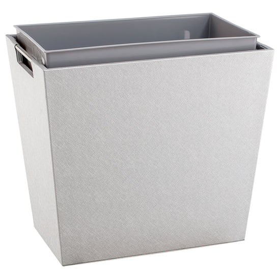 Silver Lining | Silver wastebasket with twill texture on a white background.