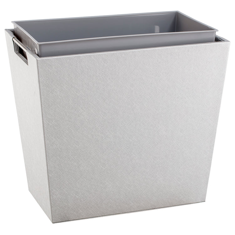 Silver Lining | Silver wastebasket with twill texture on a white background.