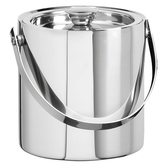 Polished Stainless Steel | Front view of the Linea 3QT ice bucket with handle on a white background.