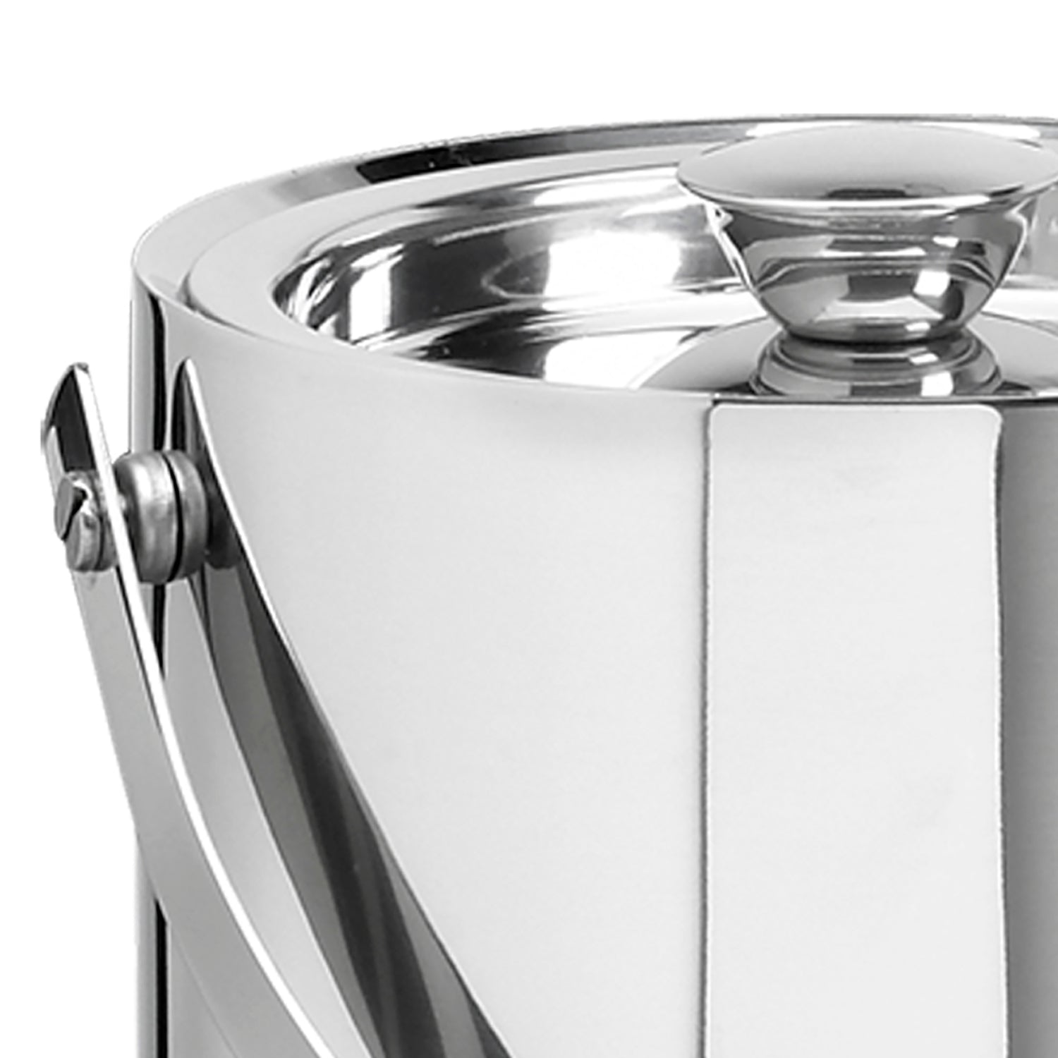 Polished Stainless Steel | Up close view of the Linea 3QT ice bucket highlighting a sleek profile and modern stainless steel finish.