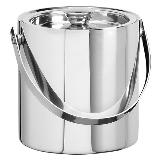 Polished Stainless Steel | Front view of the Linea 1.5QT ice bucket with handle shown on a white background.
