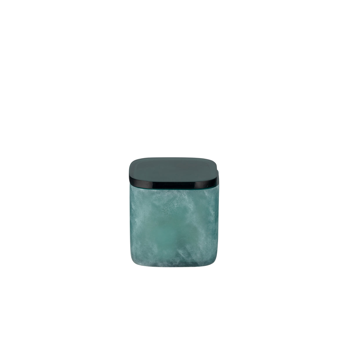 Turquoise | A small square jar with rounded corners, featuring a textured teal-green marbled body and a dark charcoal gray lid, centered on a plain white background.