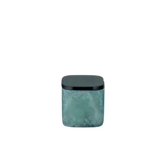 Turquoise | A small square jar with rounded corners, featuring a textured teal-green marbled body and a dark charcoal gray lid, centered on a plain white background.